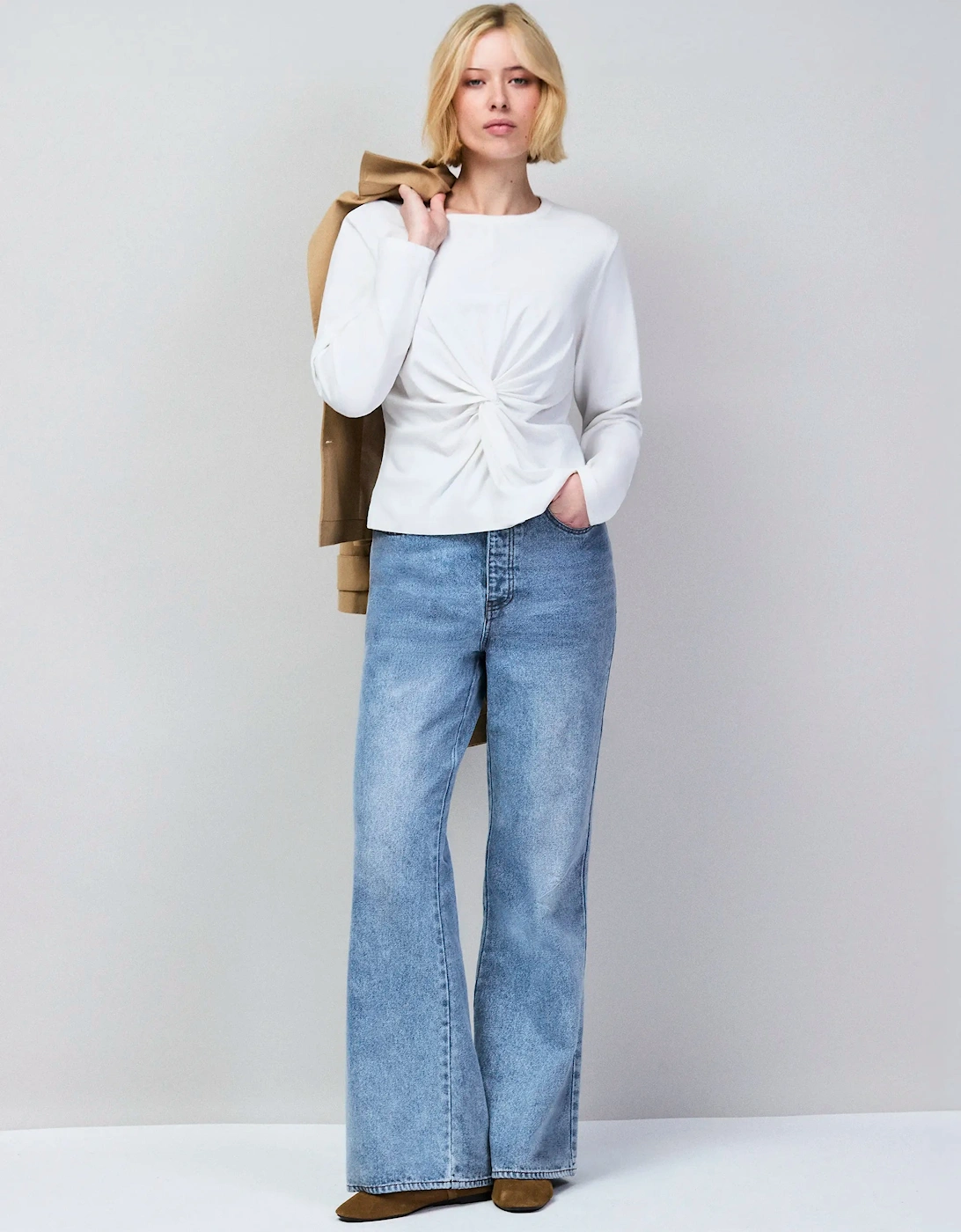 White Twist-Front Long-Sleeve Cotton T-Shirt