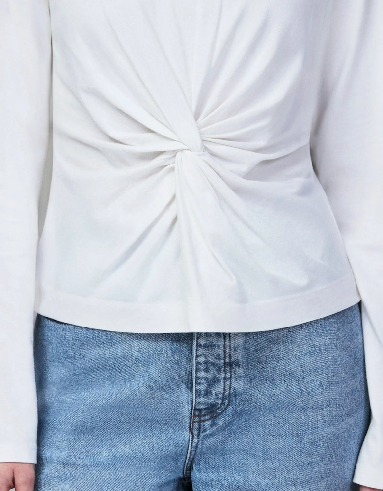 White Twist-Front Long-Sleeve Cotton T-Shirt