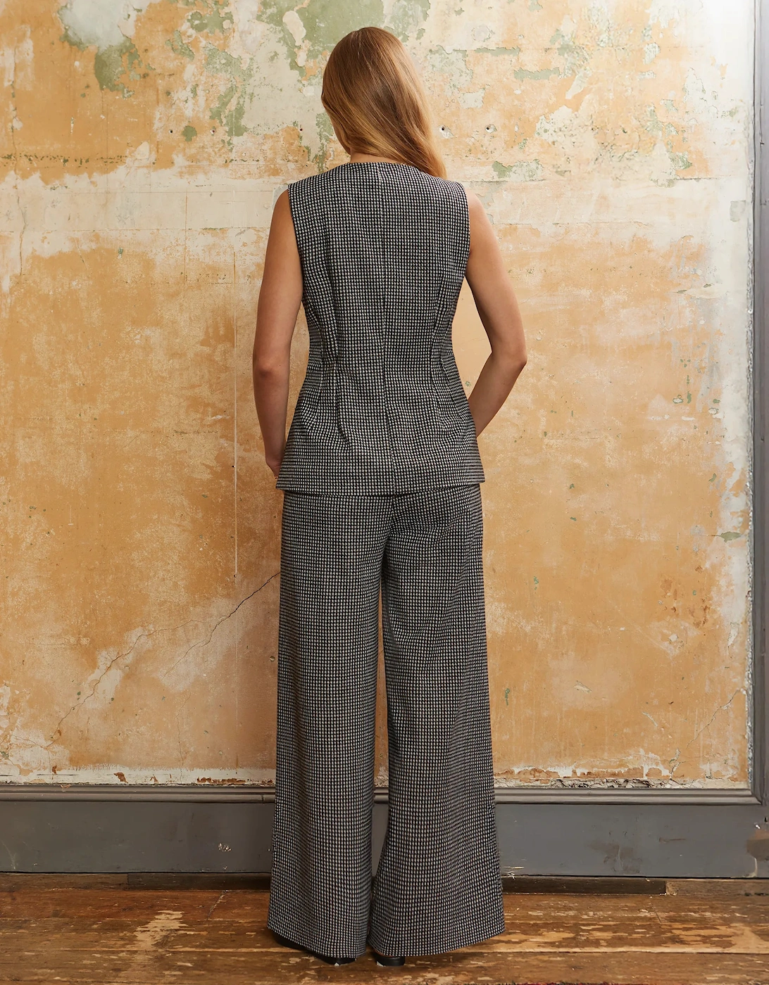 Houndstooth Tailored Wide-Leg Trousers