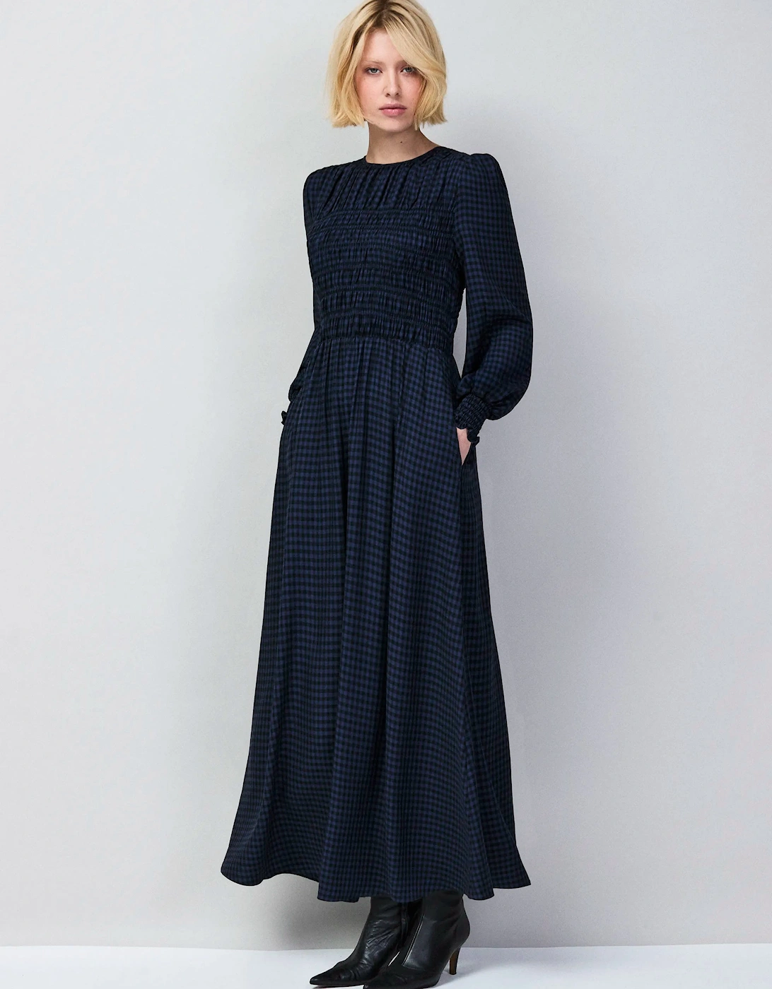 Petite Navy Check Shirred Bodice Dress