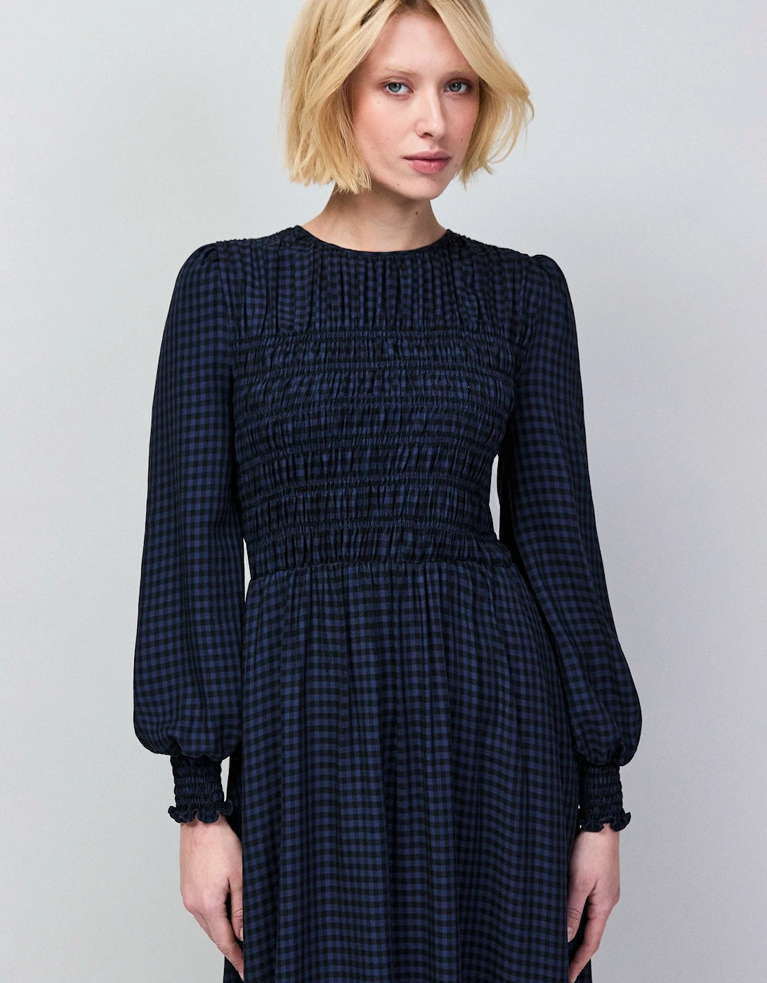 Petite Navy Check Shirred Bodice Dress