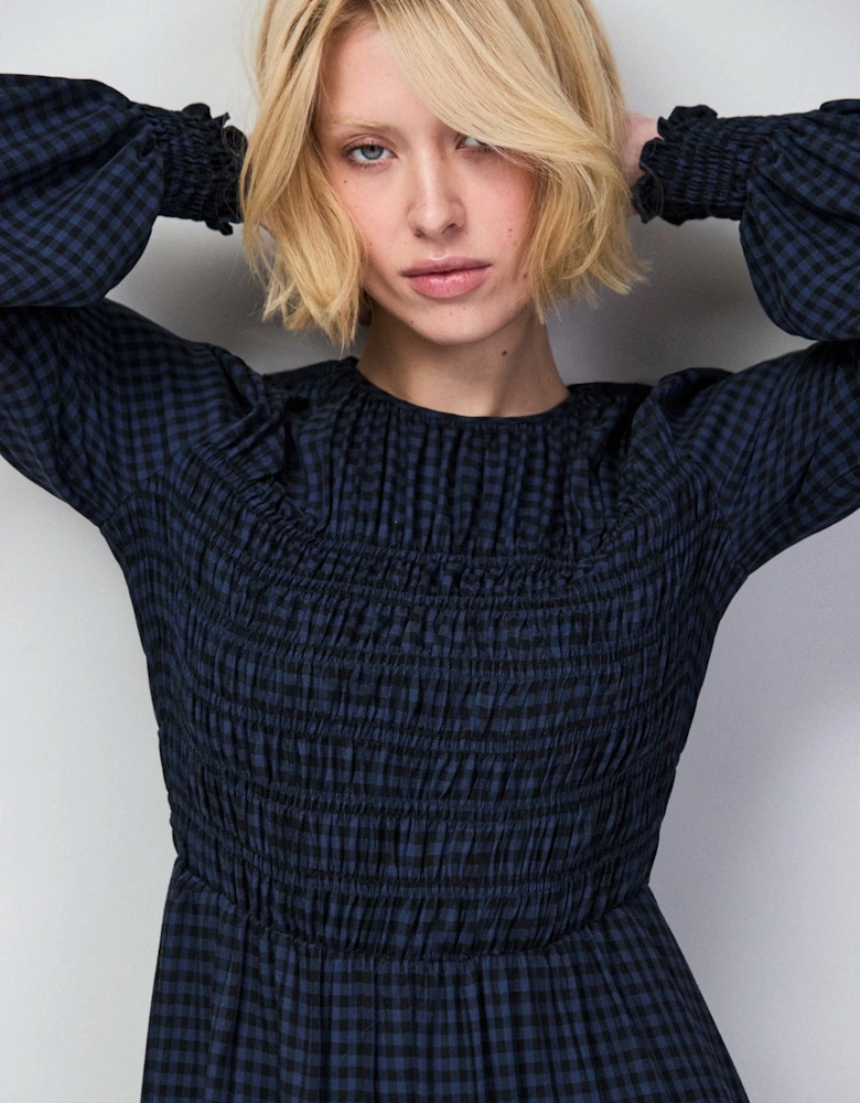 Petite Navy Check Shirred Bodice Dress