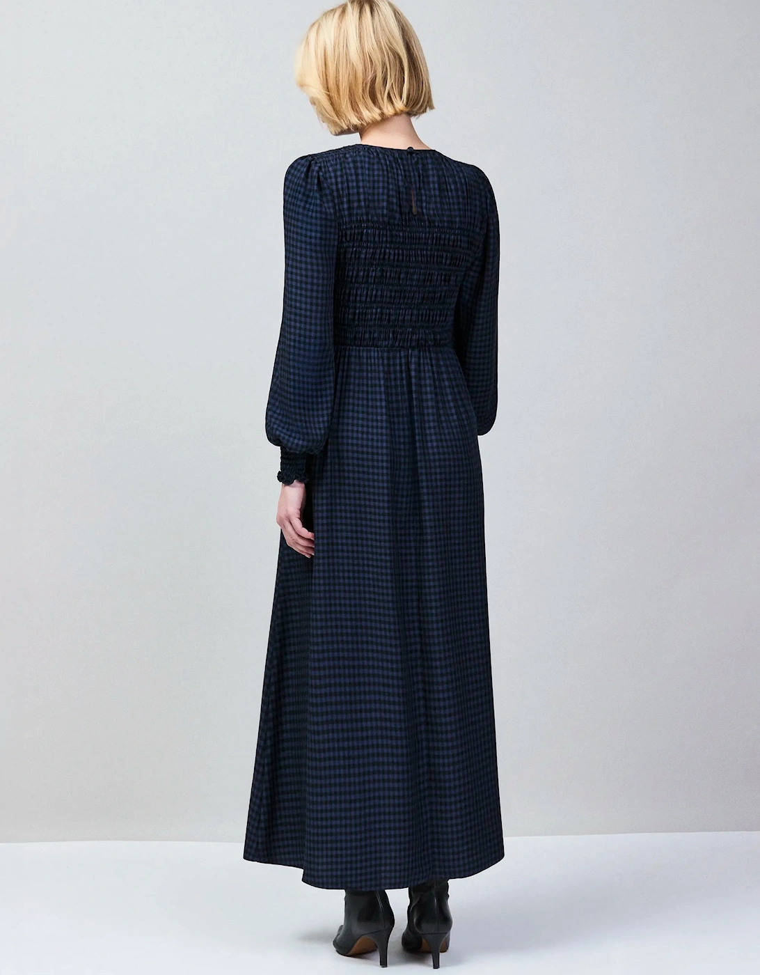 Petite Navy Check Shirred Bodice Dress
