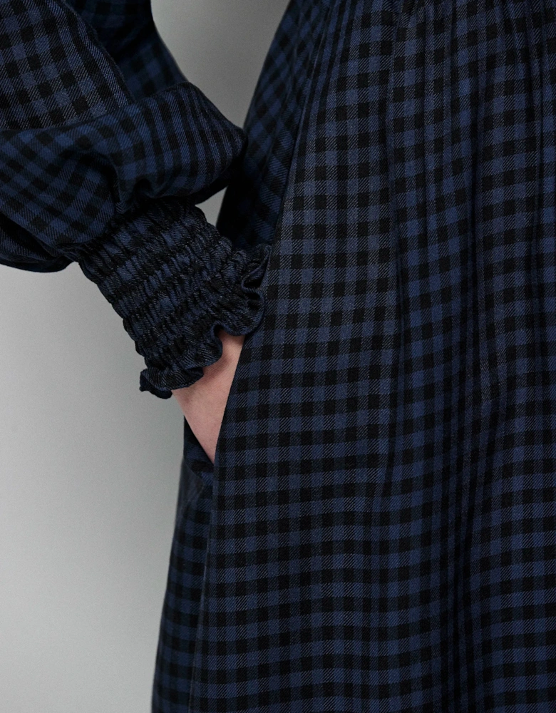 Petite Navy Check Shirred Bodice Dress