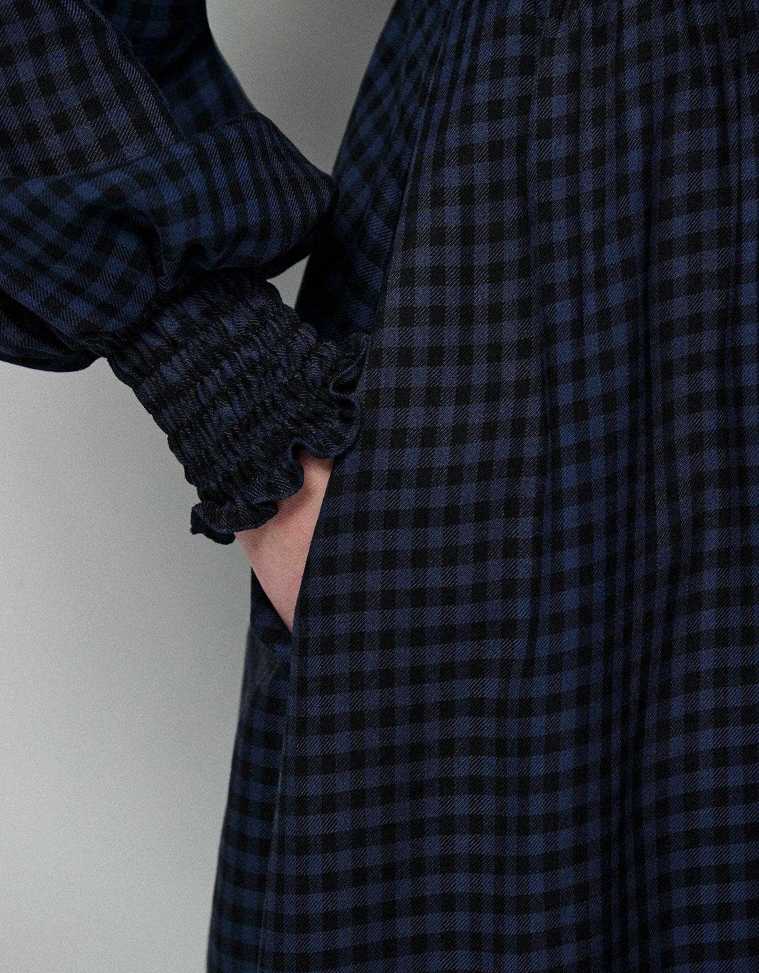 Petite Navy Check Shirred Bodice Dress
