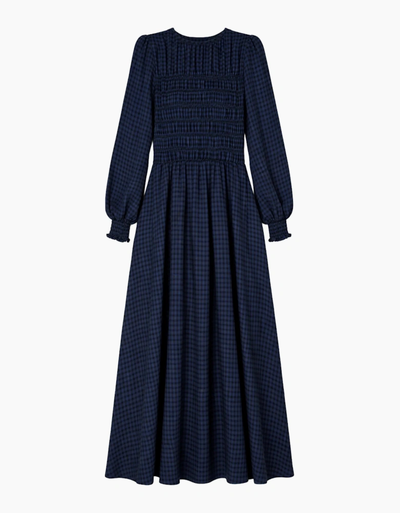 Petite Navy Check Shirred Bodice Dress