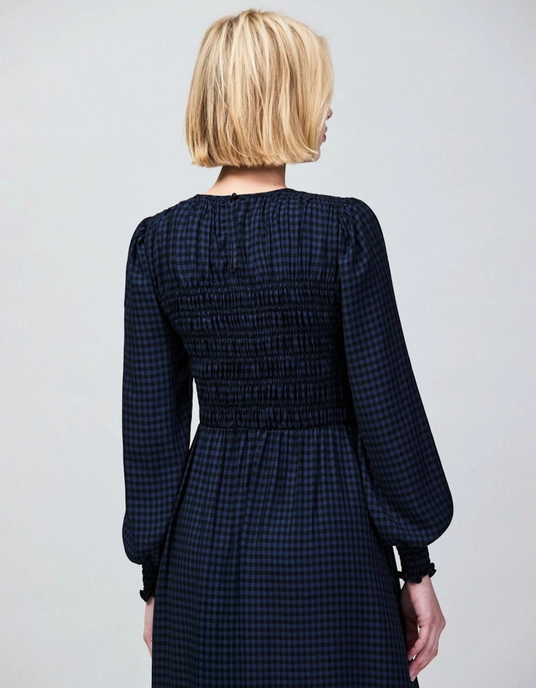Petite Navy Check Shirred Bodice Dress
