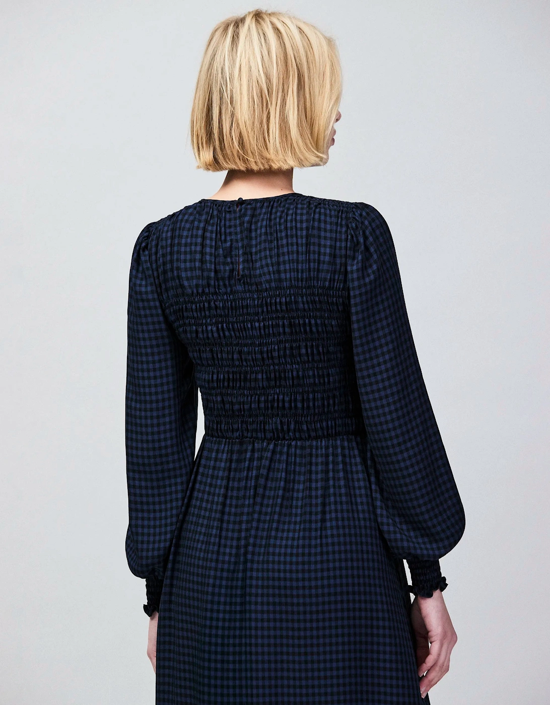 Petite Navy Check Shirred Bodice Dress