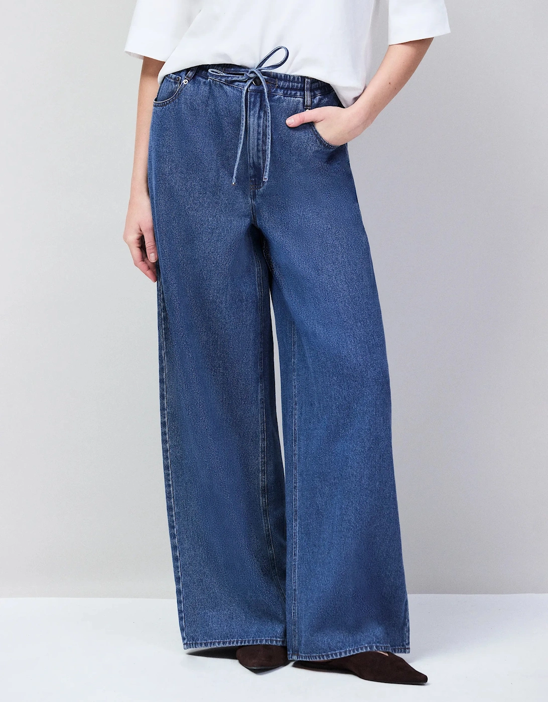 Petite Blue Denim Drawstring Wide Leg Jeans