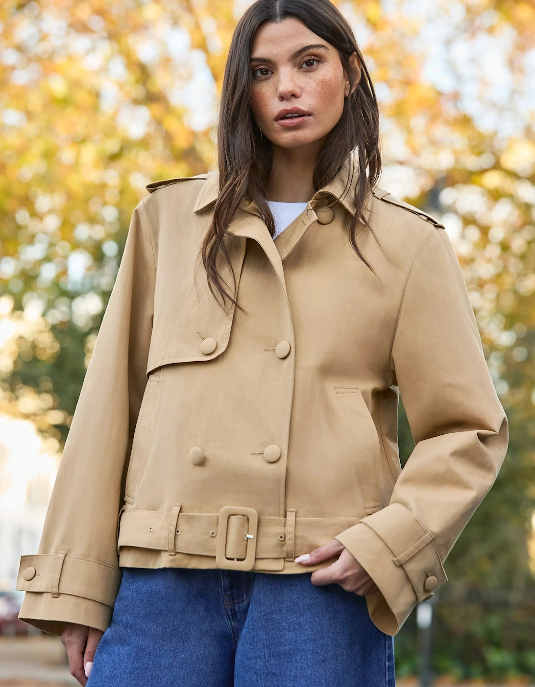 Camel Belted Cropped Trench Jacket