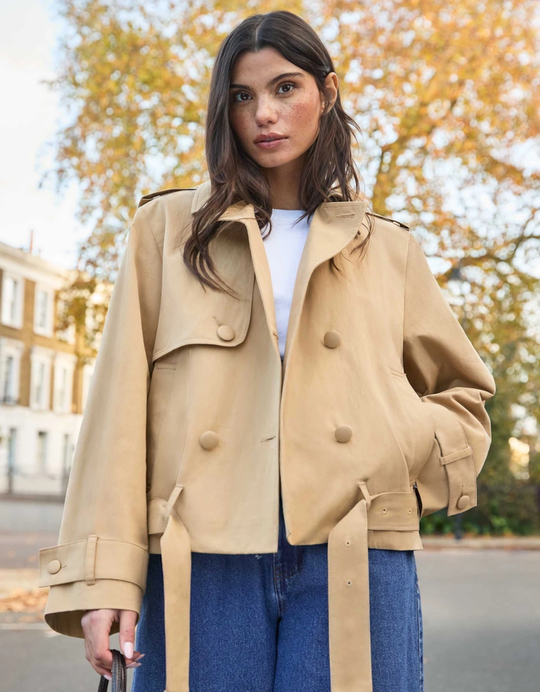 Camel Belted Cropped Trench Jacket