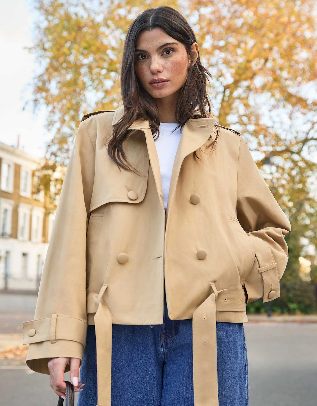 Camel Belted Cropped Trench Jacket