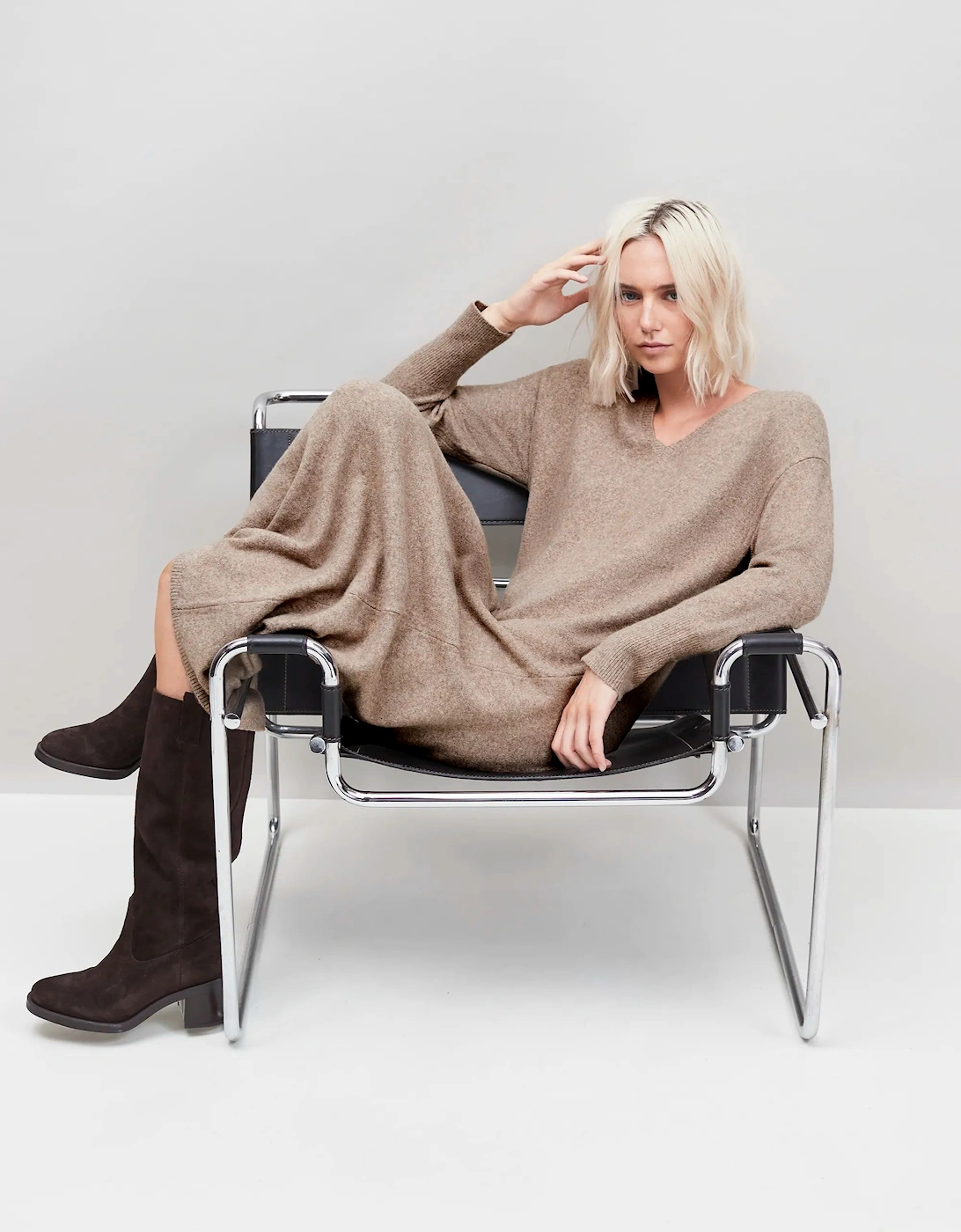 Oatmeal V-Neck Knit Dress