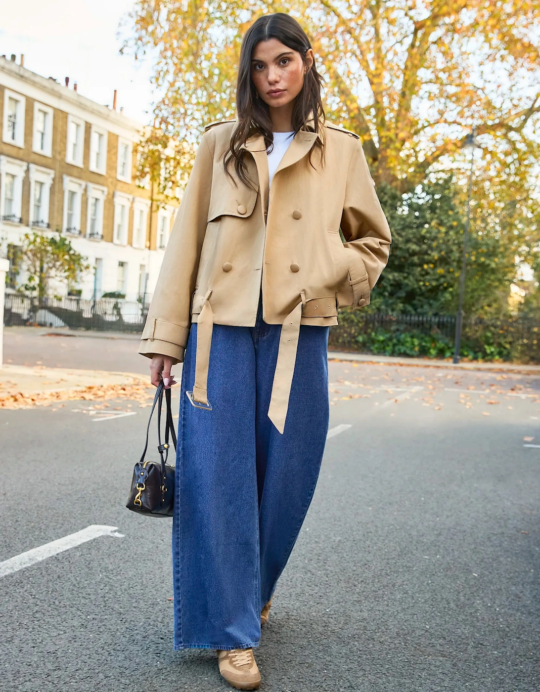 Camel Belted Cropped Trench Jacket