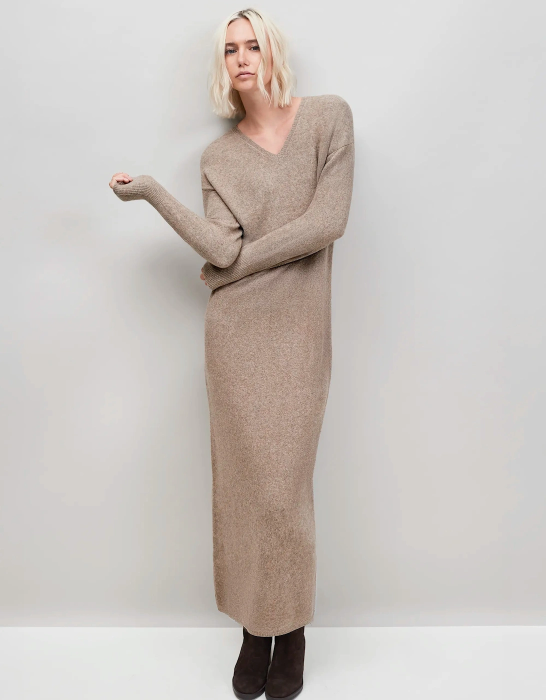 Oatmeal V-Neck Knit Dress