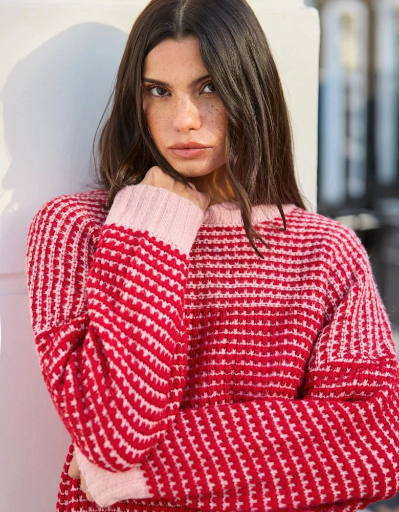 Red Contrast Stitch Knit Jumper With Alpaca