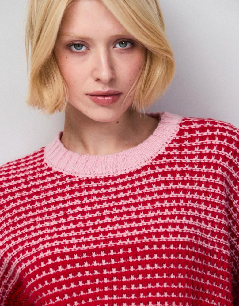 Red Contrast Stitch Knit Jumper With Alpaca