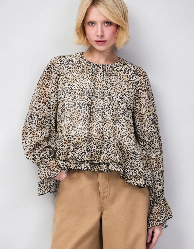 Leopard Print Ruffle Hem Chiffon Blouse