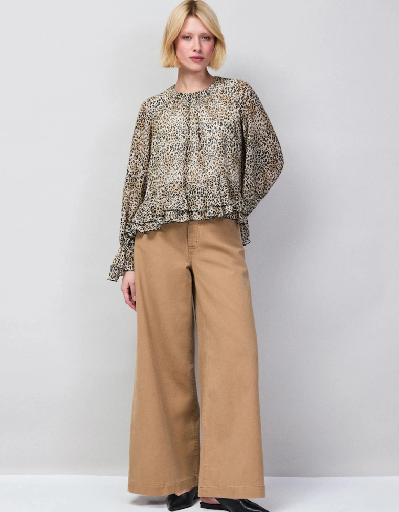 Leopard Print Ruffle Hem Chiffon Blouse