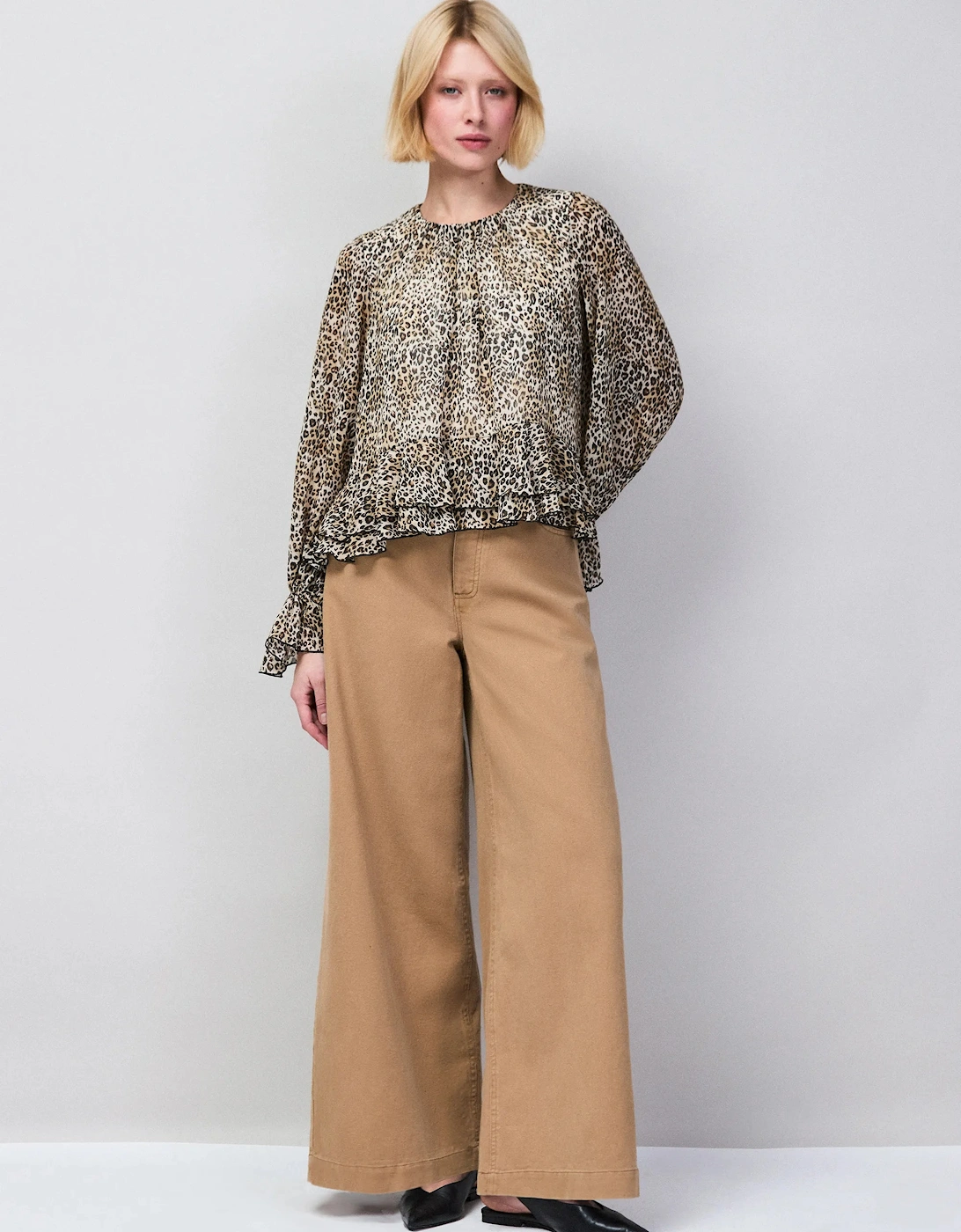 Leopard Print Ruffle Hem Chiffon Blouse