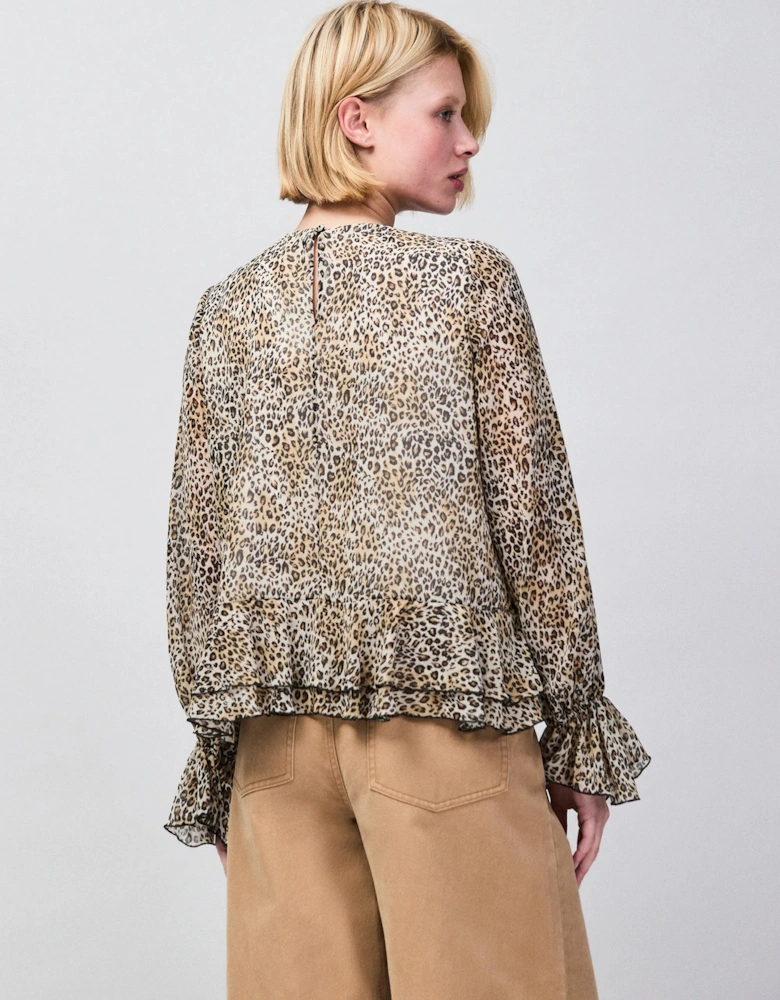 Leopard Print Ruffle Hem Chiffon Blouse