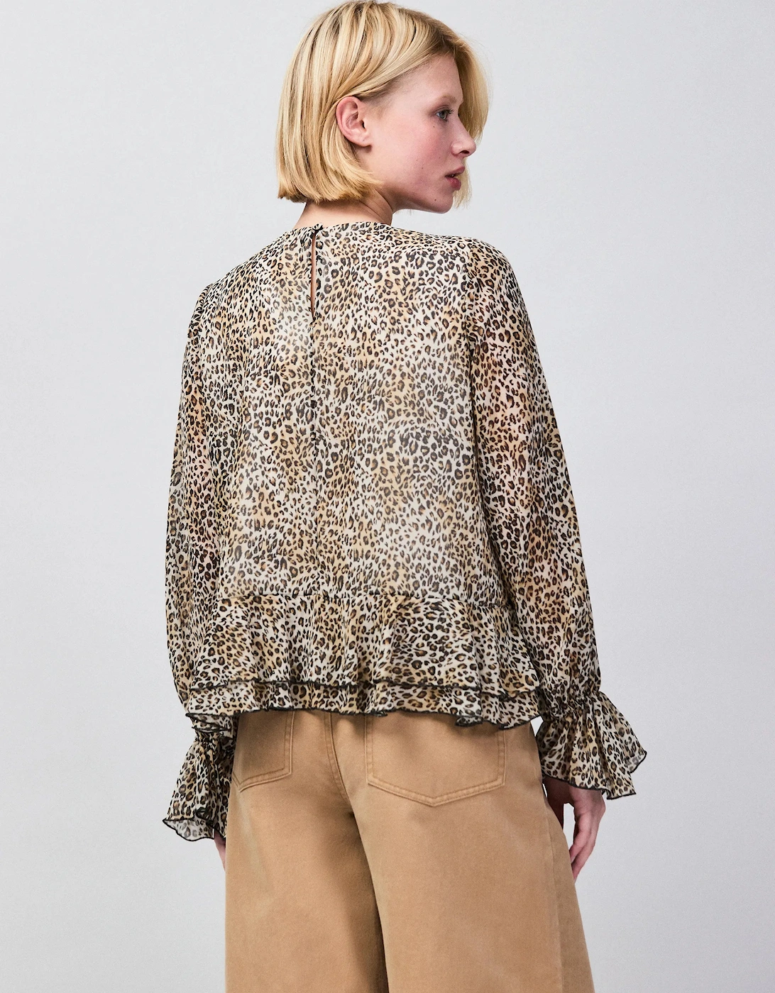 Leopard Print Ruffle Hem Chiffon Blouse