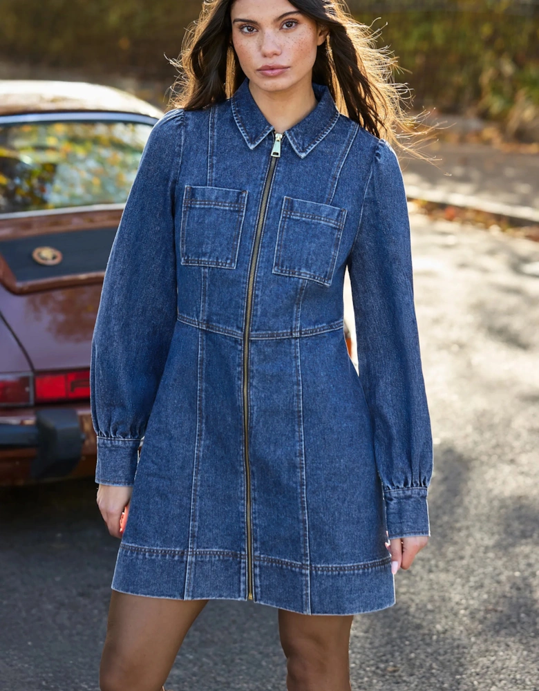 Petite Blue Denim Zip Front Mini Dress