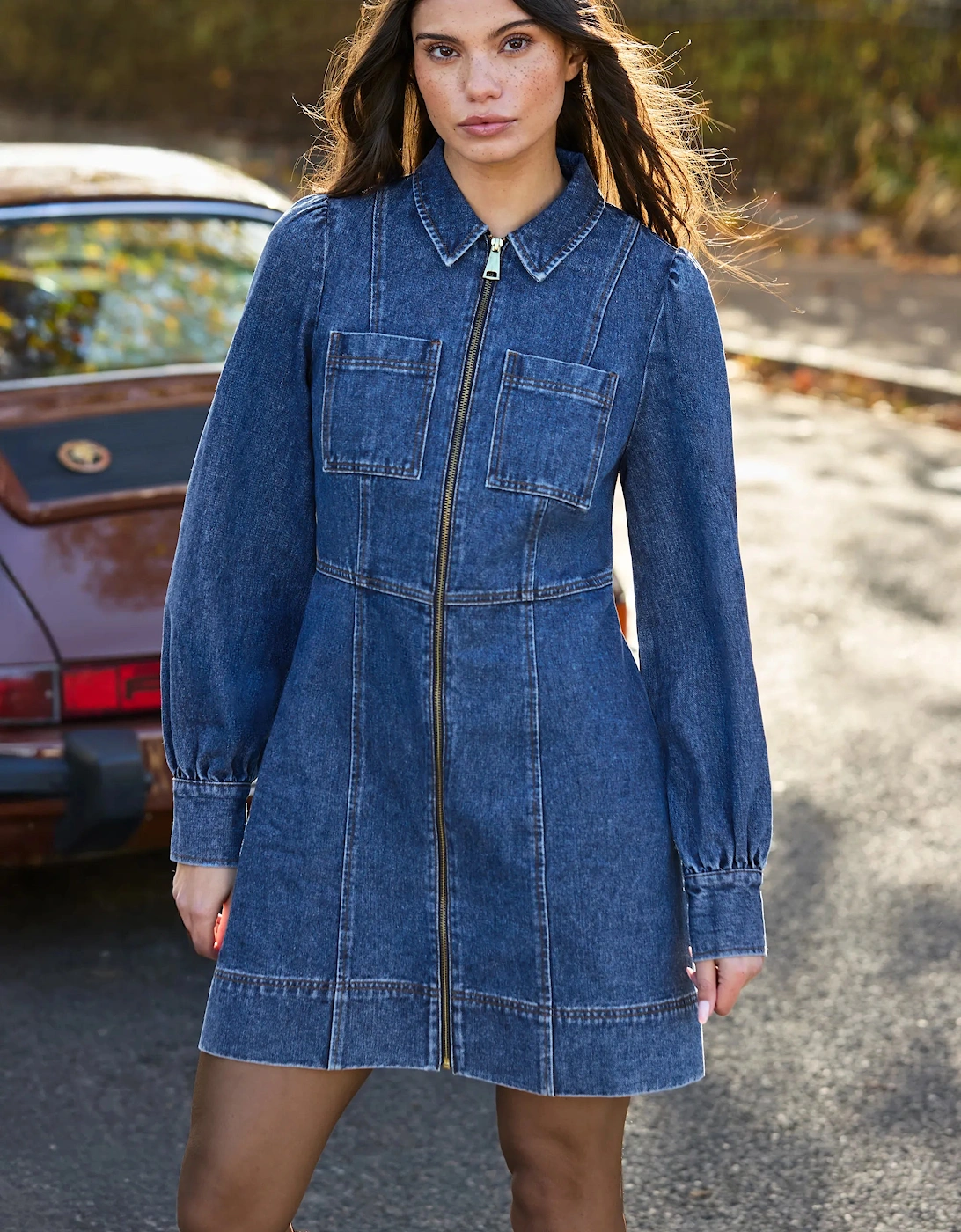 Petite Blue Denim Zip Front Mini Dress
