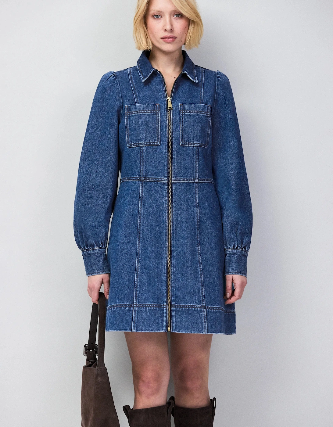 Petite Blue Denim Zip Front Mini Dress