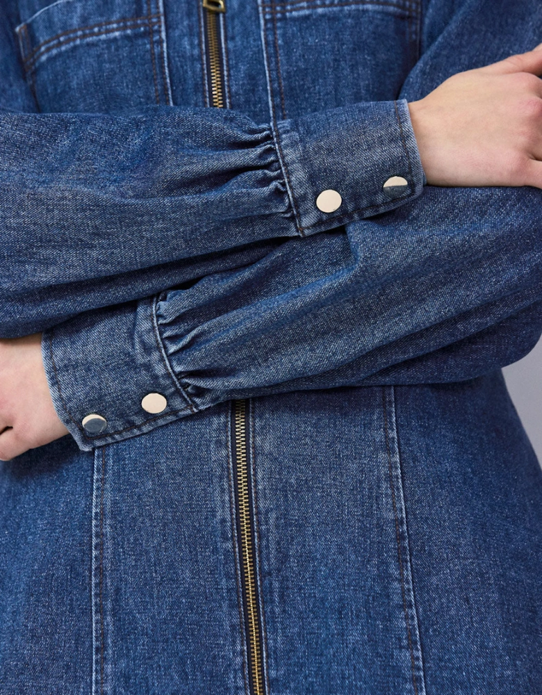 Petite Blue Denim Zip Front Mini Dress