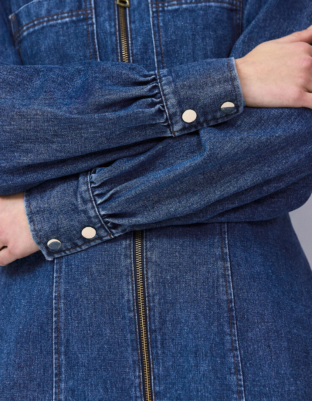 Petite Blue Denim Zip Front Mini Dress