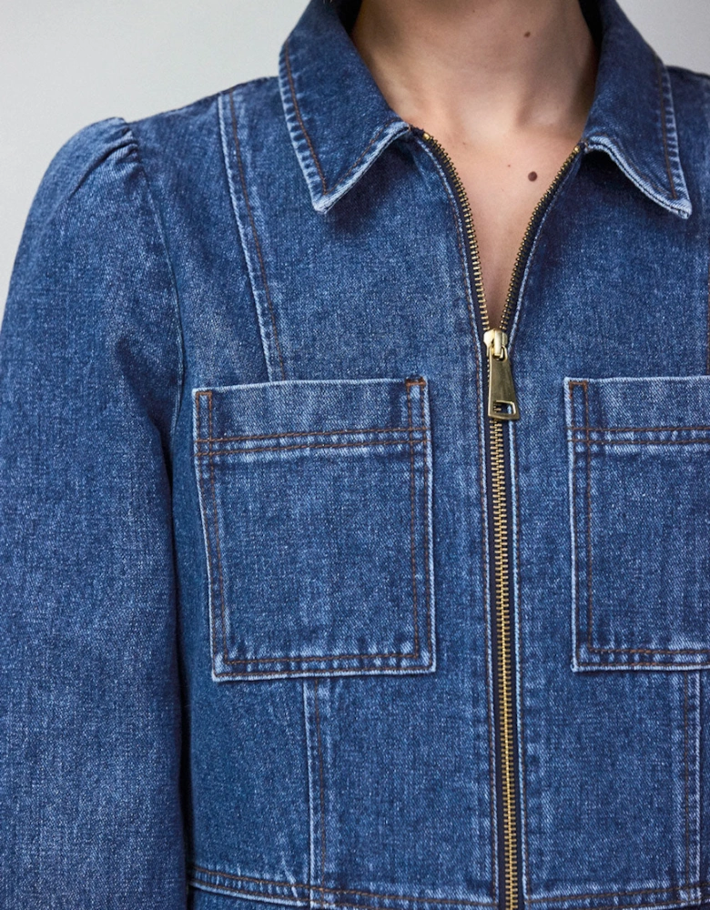 Petite Blue Denim Zip Front Mini Dress
