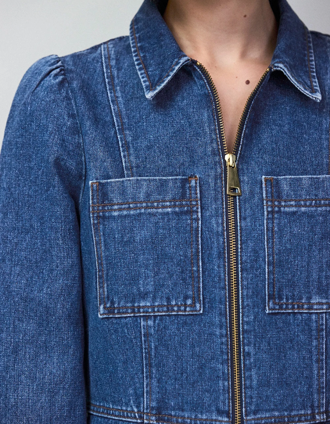 Petite Blue Denim Zip Front Mini Dress