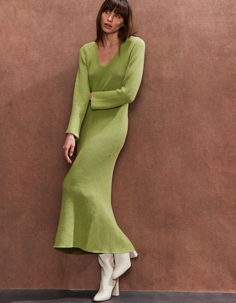 Sage V Neck Knitted Midi Dress