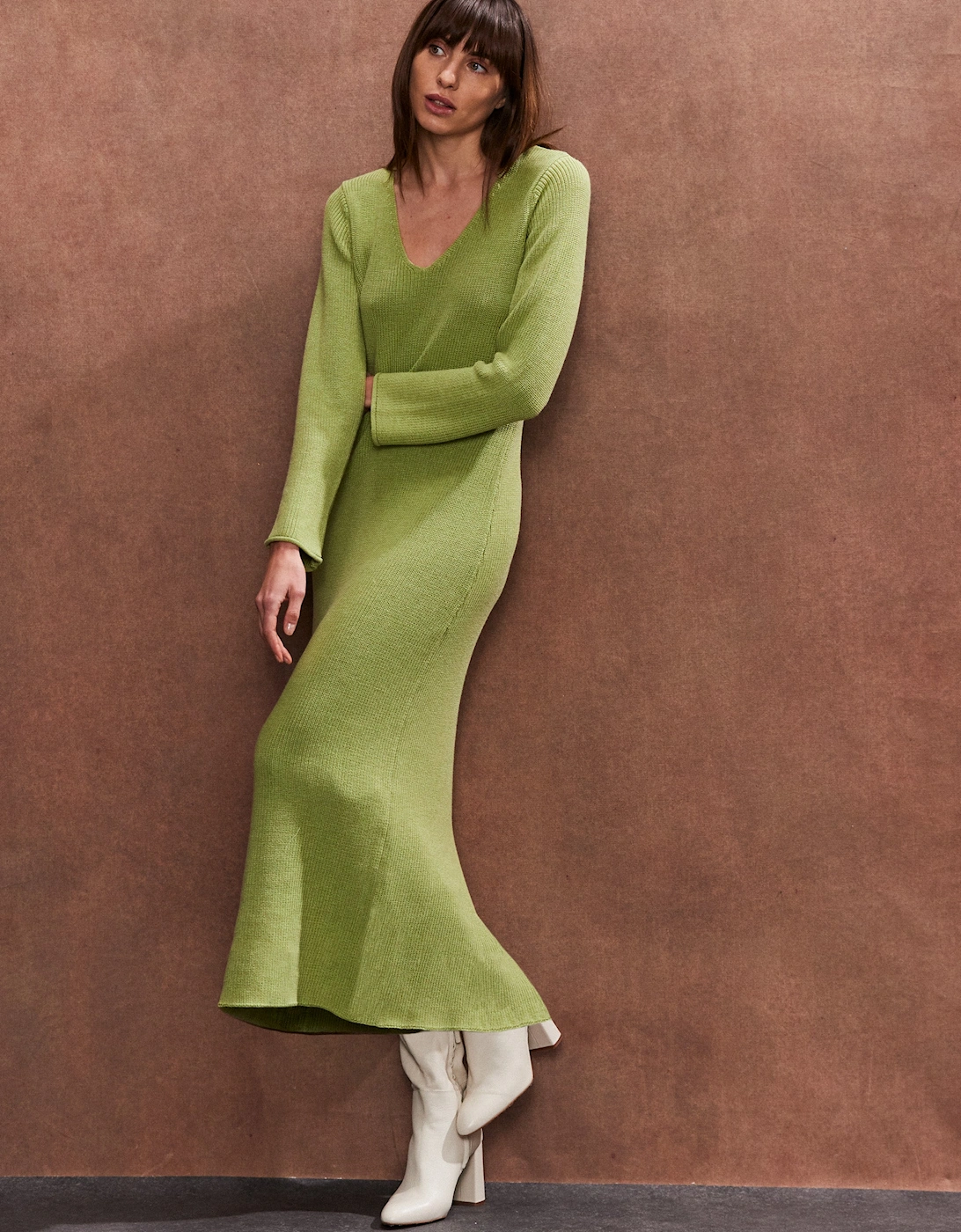 Sage V Neck Knitted Midi Dress