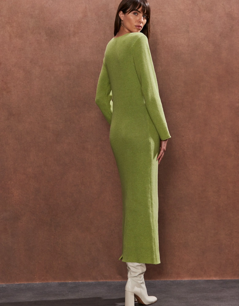 Sage V Neck Knitted Midi Dress