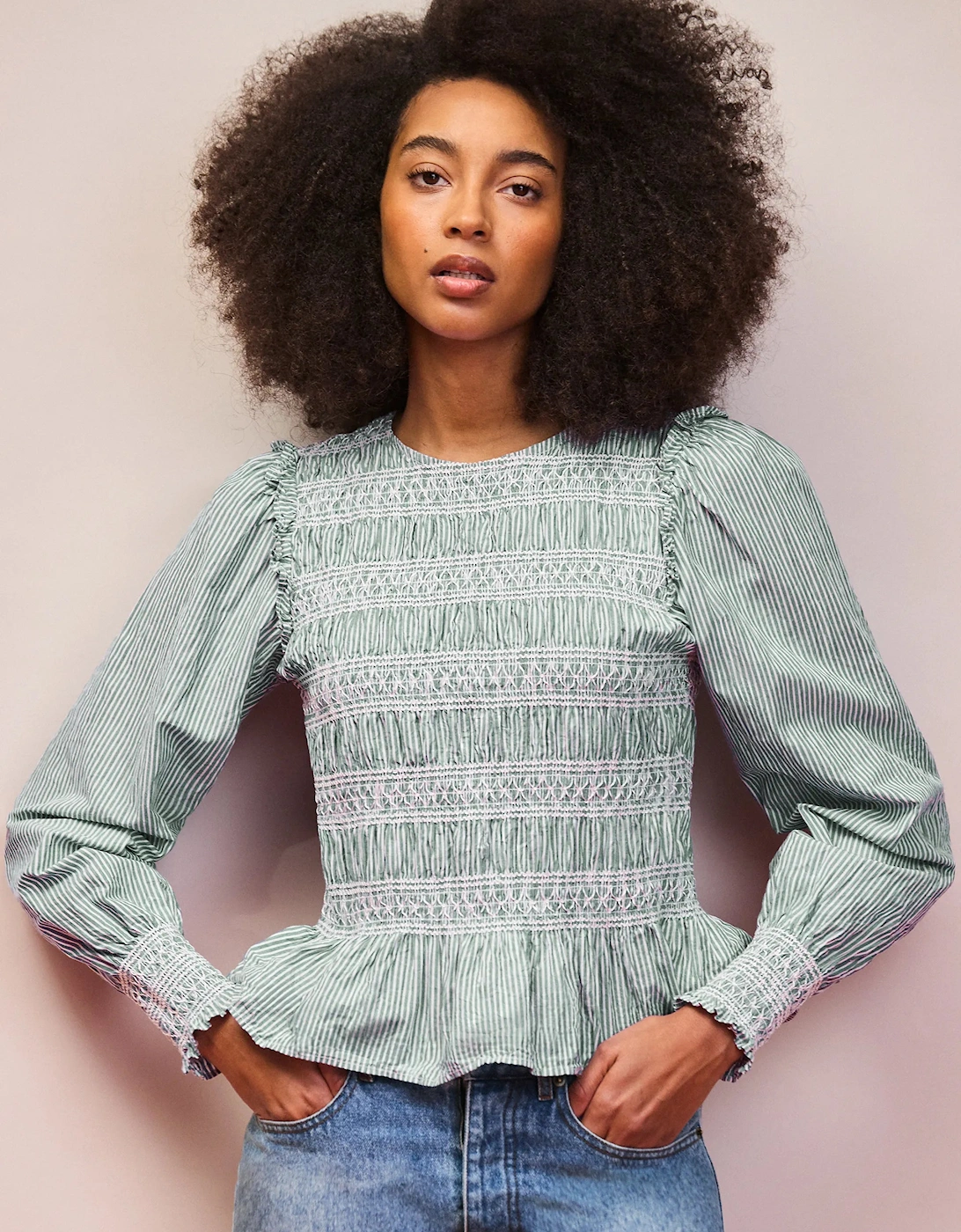 Green Stripe Shirred Blouse