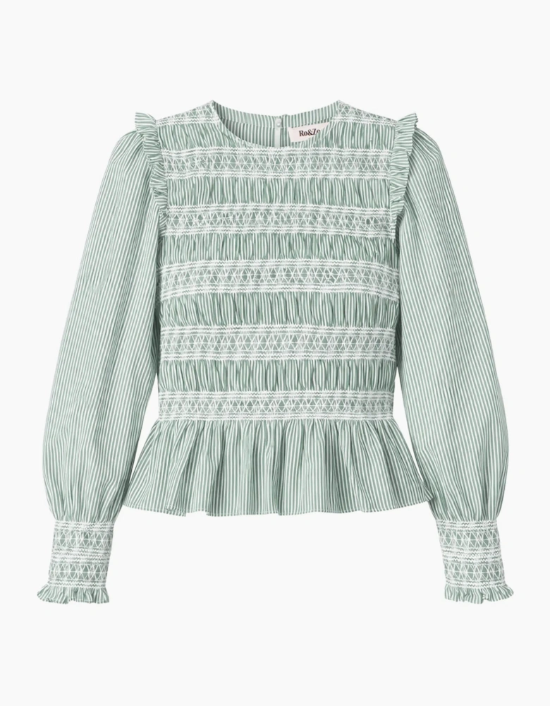 Green Stripe Shirred Blouse