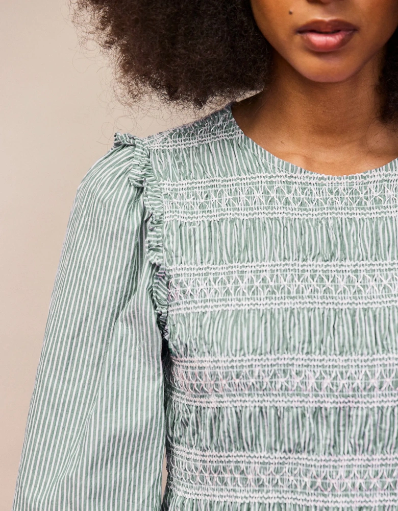 Green Stripe Shirred Blouse