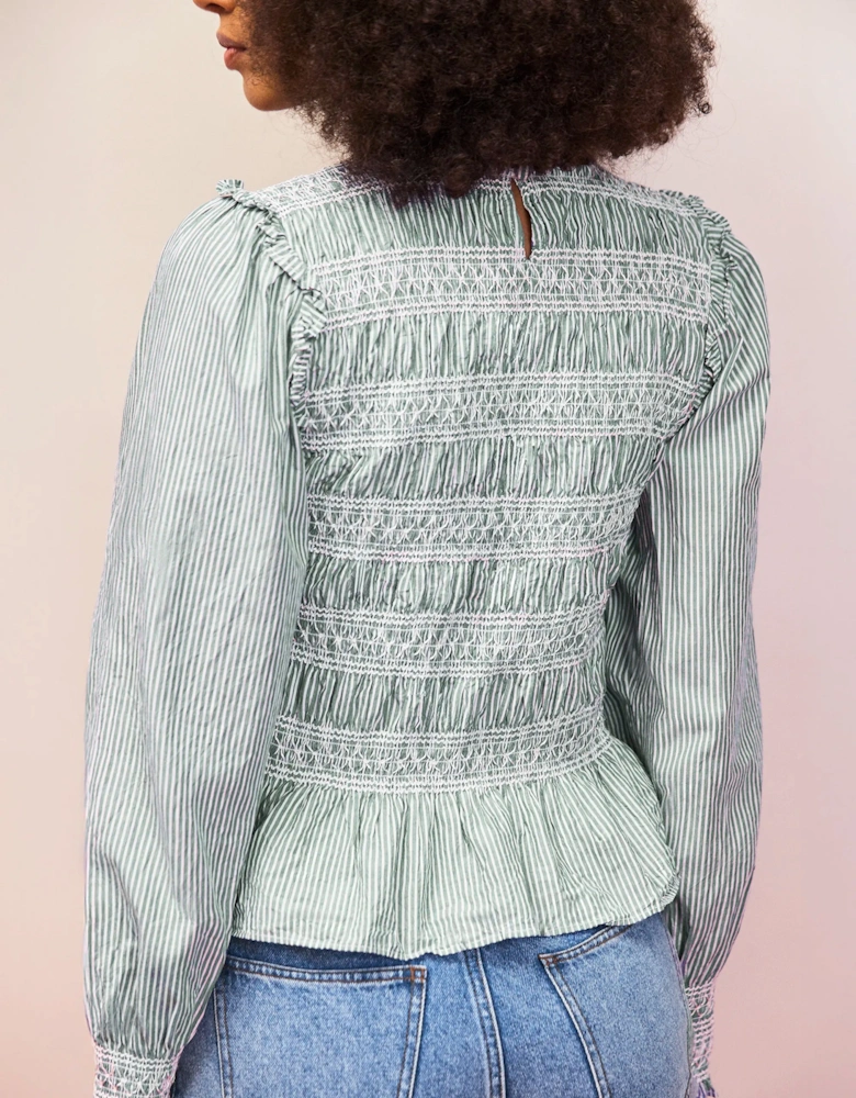 Green Stripe Shirred Blouse