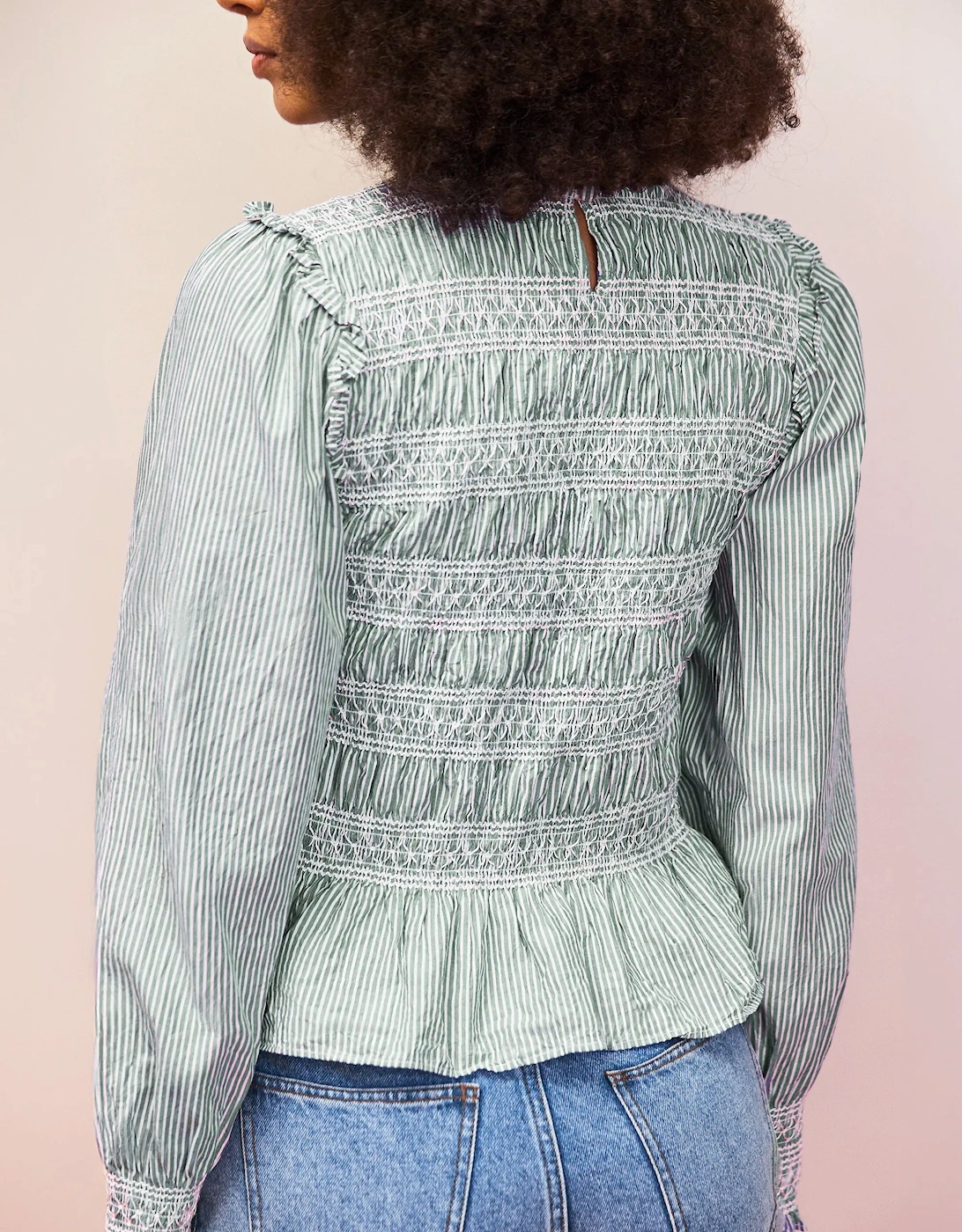 Green Stripe Shirred Blouse