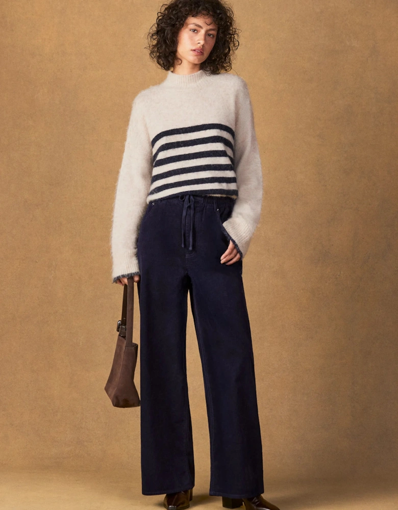 Petite Navy Cord Drawstring Wide Leg Trousers