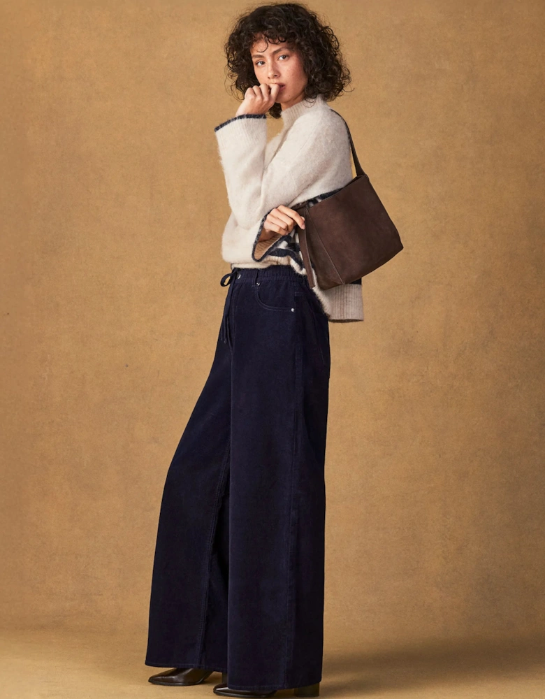 Petite Navy Cord Drawstring Wide Leg Trousers