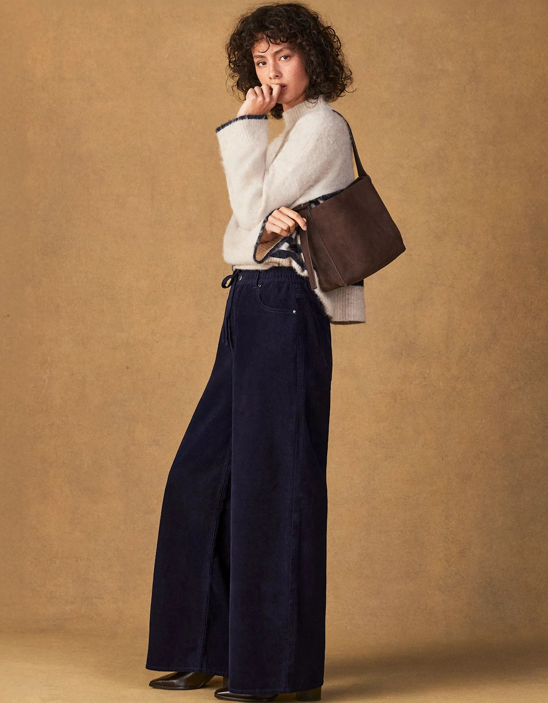 Petite Navy Cord Drawstring Wide Leg Trousers