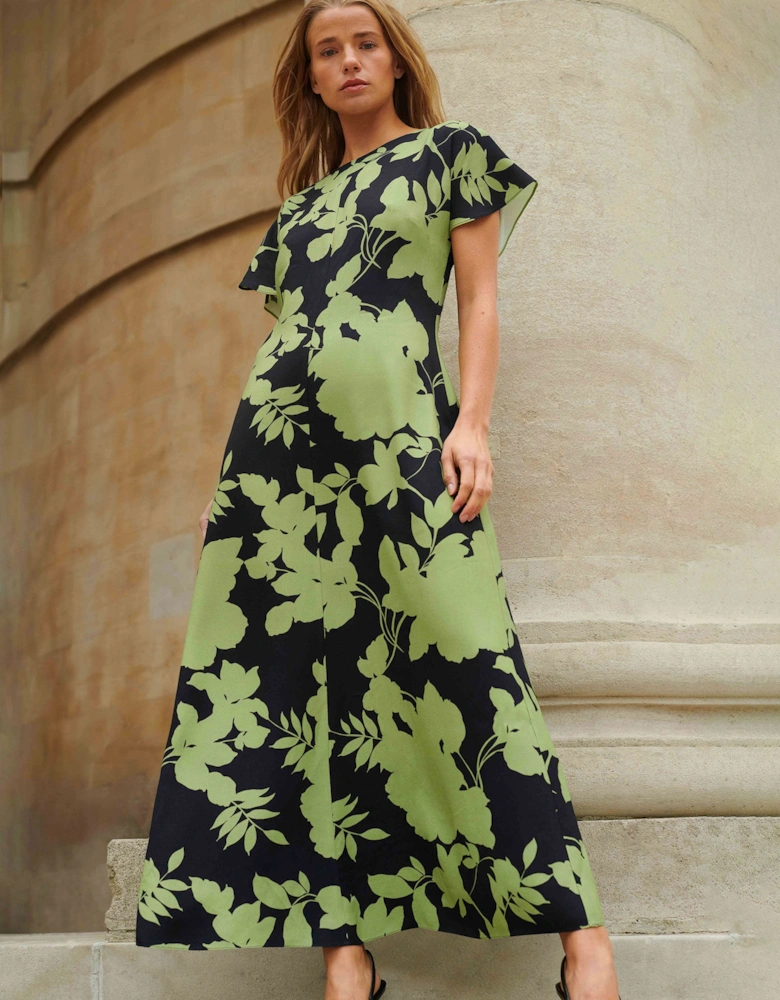 Victoria Green Floral Print Flutter Sleeve Dress