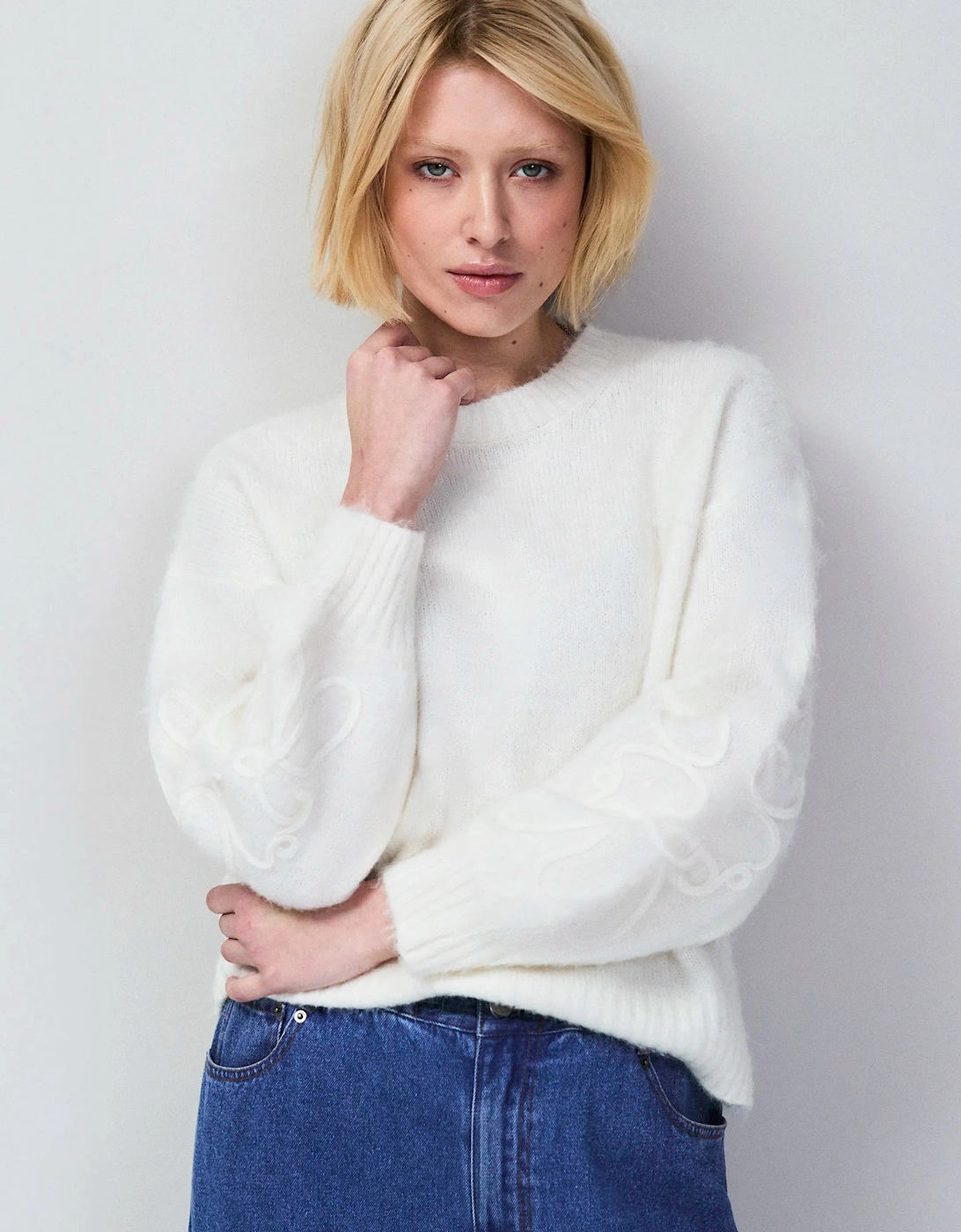 Ivory Applique Sleeve Jumper With Alpaca
