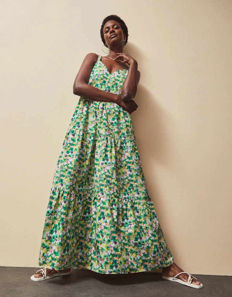 Green Ditsy Cotton Tiered Dress