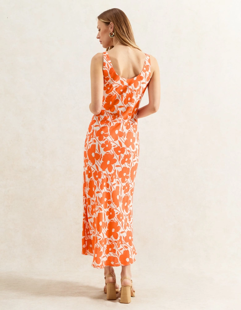Orange Poppy-Print Scoop-Neck Midi Dress