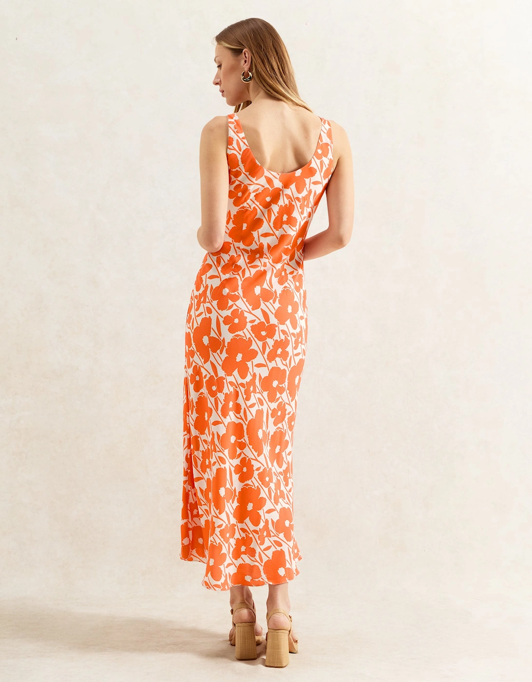 Orange Poppy-Print Scoop-Neck Midi Dress