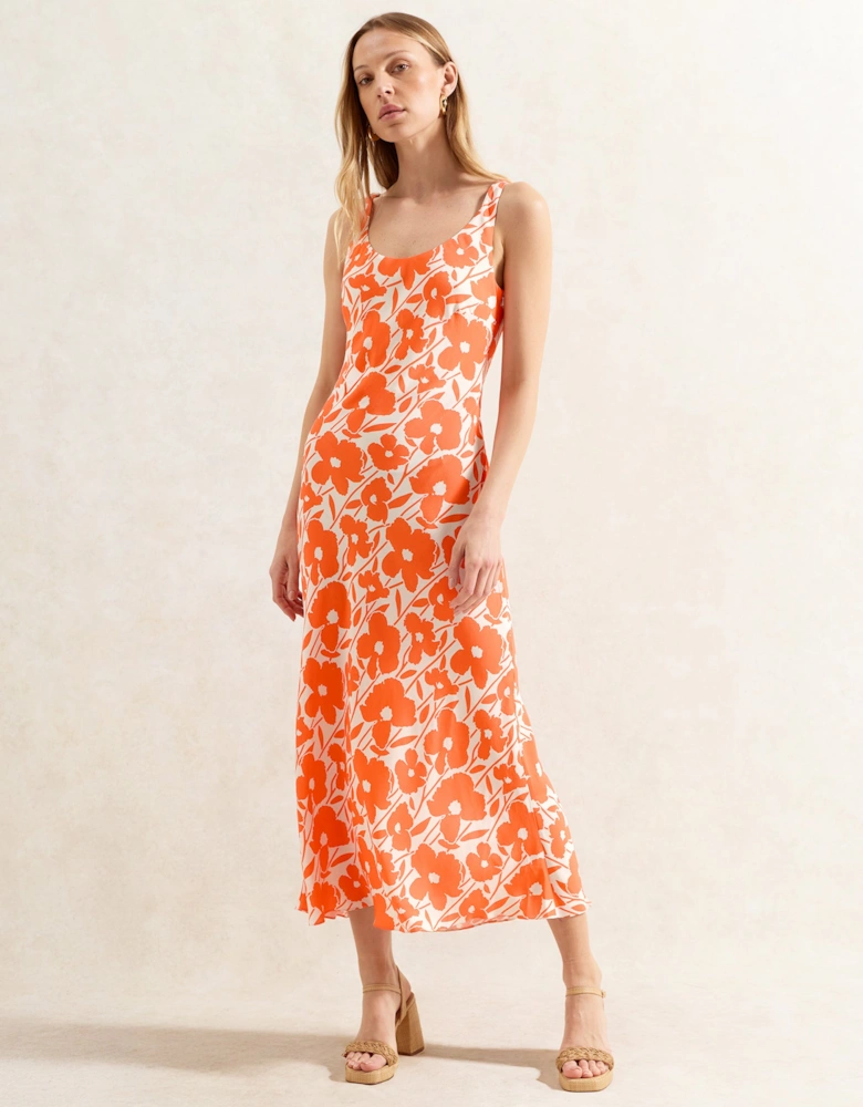 Orange Poppy-Print Scoop-Neck Midi Dress